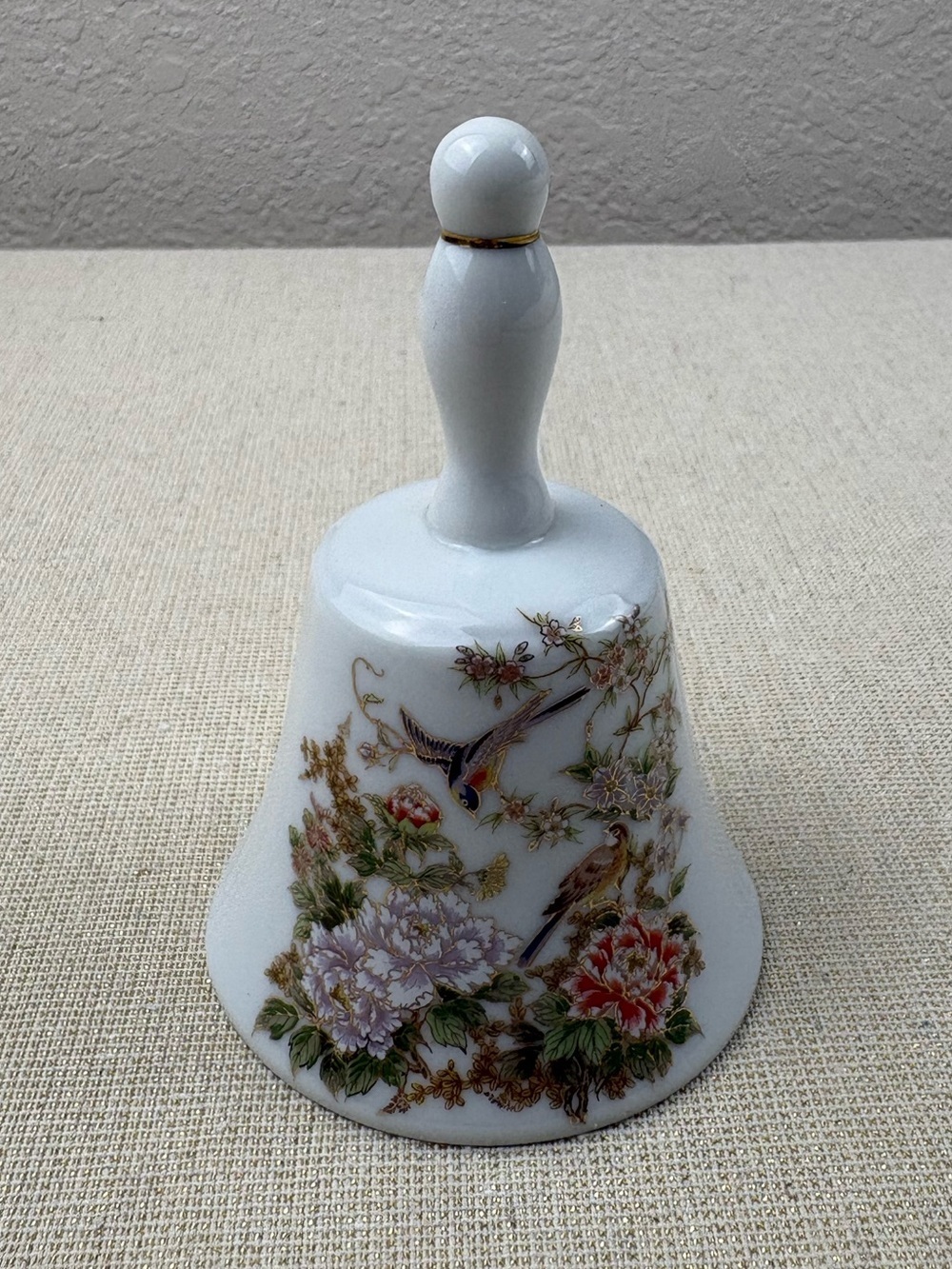 White Porcelain Decorative Bell by Maruei Japan with Floral and Bird Motif